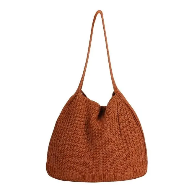 PULLIMORE Crochet Rib Knit Tote Bag - Lightweight & Spacious 13.8", Boho Beach Bag for Women/Men, Gift Ready (Coffee)