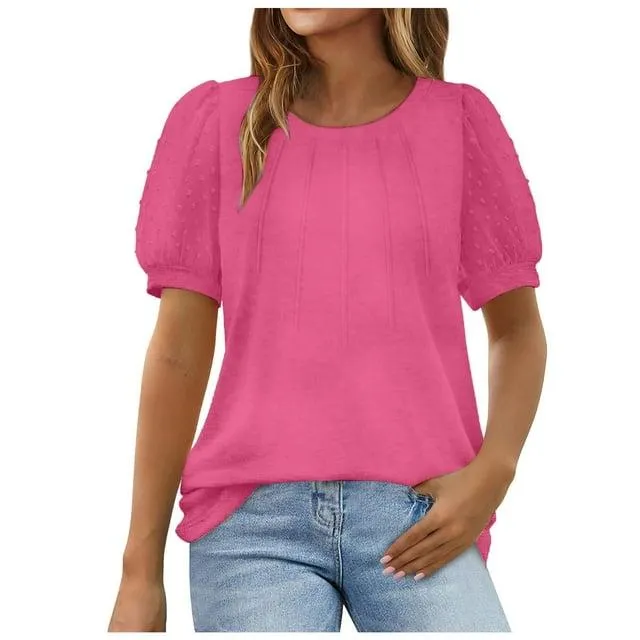 Siilsaa Womens Tops 2024 Soft Short Sleeve Casual Blouses Shirt Crewneck Fashion Knit Pullover Sweater Hot Pink,2XL