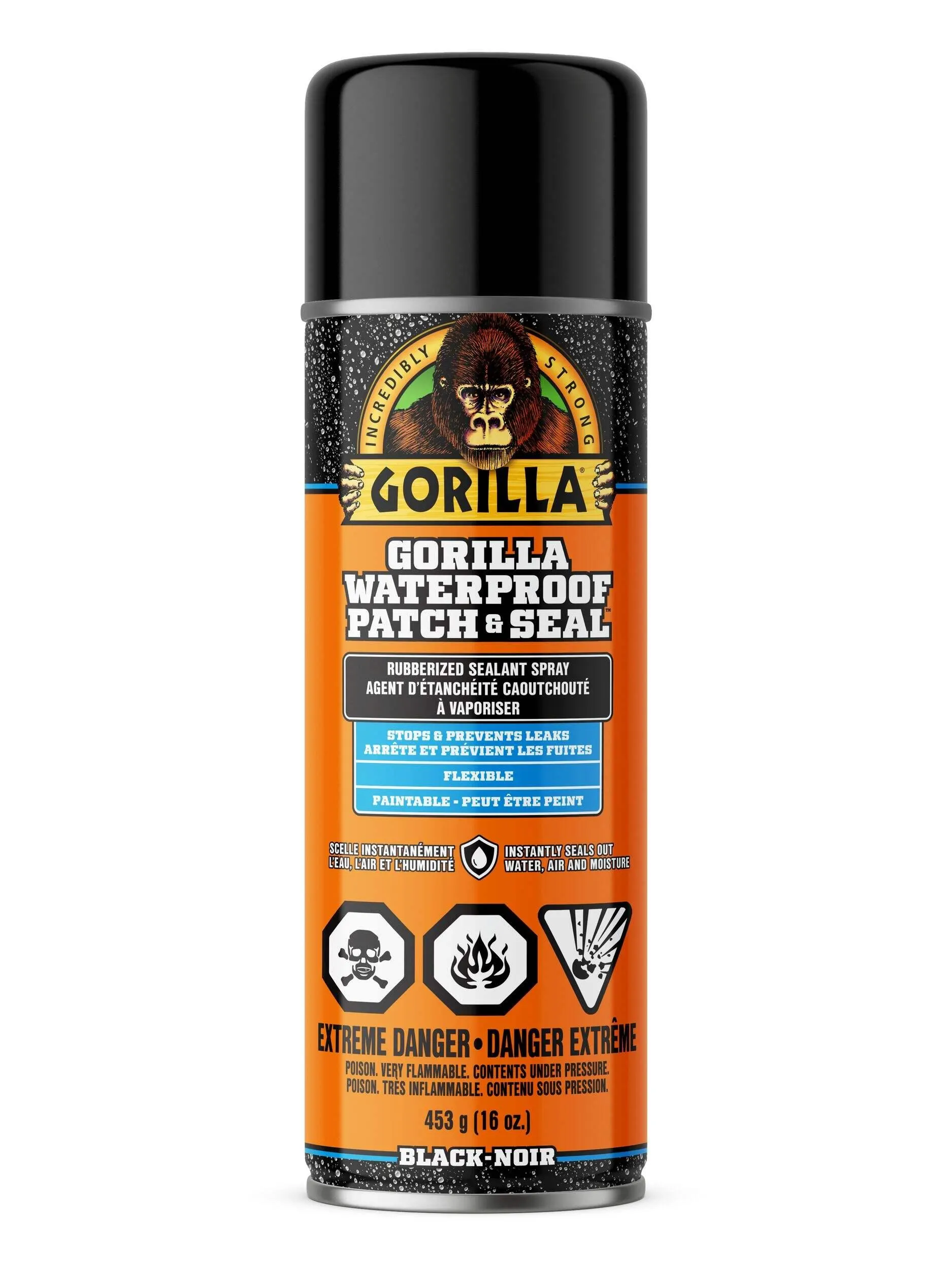 Scellant en caoutchouc en aérosol Gorilla, usage intérieur/extérieur, réparation/étanchéité, noir, 16 oz