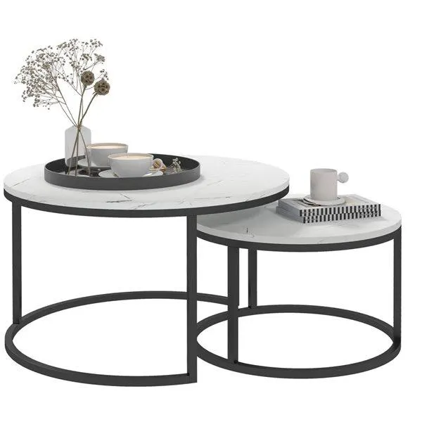 Tables basses gigognes rondes par HOMCOM en métal noir et MDF aspect marbre blanc, ensemble de 2