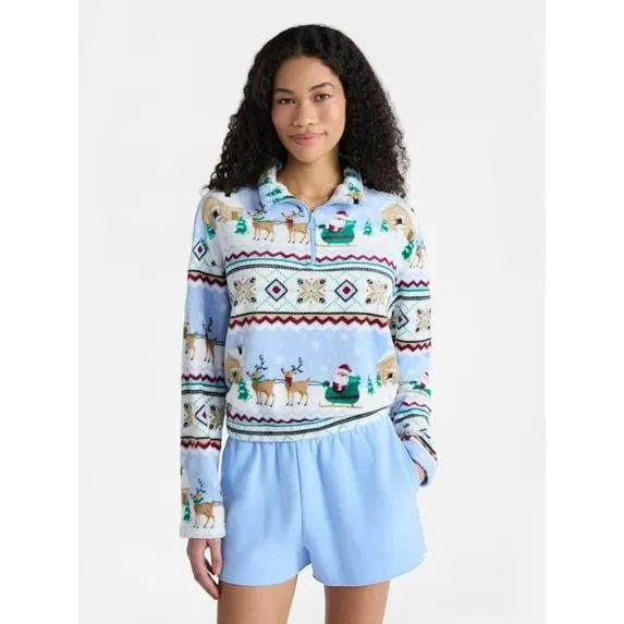 No Boundaries Christmas Quarter Zip Mock Neck Plush Top with Long Sleeves, Women's