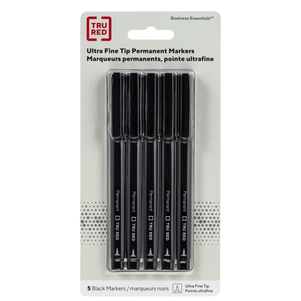 TRU RED - Marqueurs Permanents - Pointe Ultra Fine - Noir - Paquet de 5
