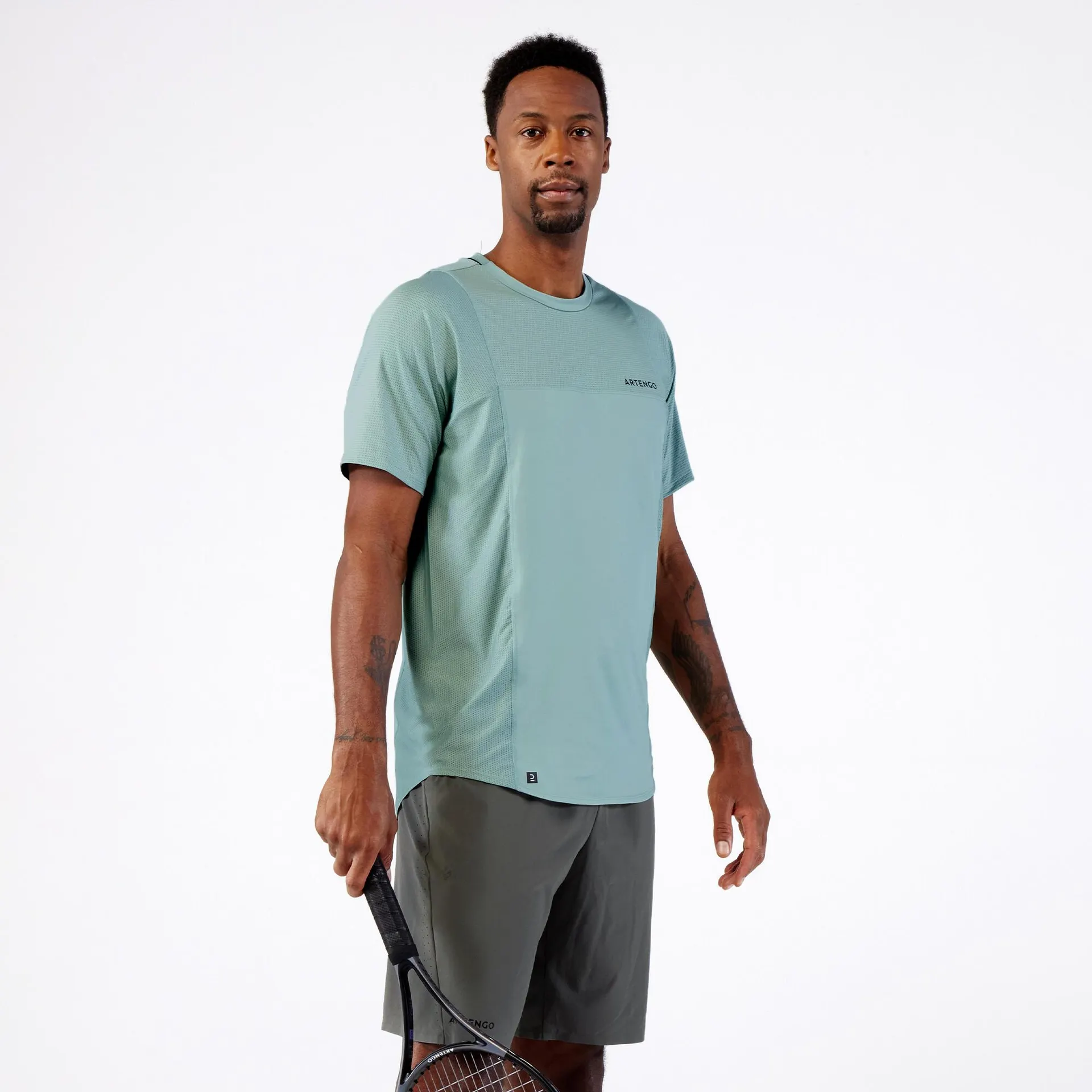 POLERA DE TENIS MANGA CORTA HOMBRE - ARTENGO DRY VERDE GRISÁCEO GAEL MONFILS