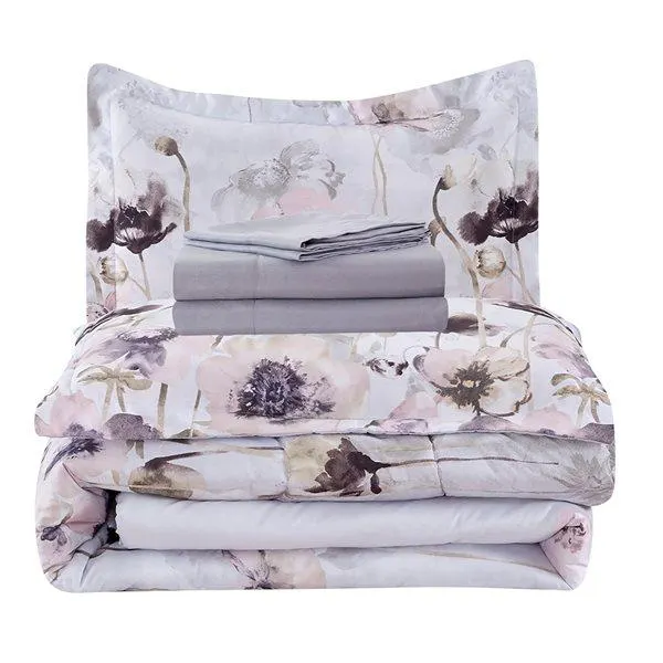 Ensemble de couette florale Marina Decoration mauve et blanc pour lit à deux places, 7 mcx