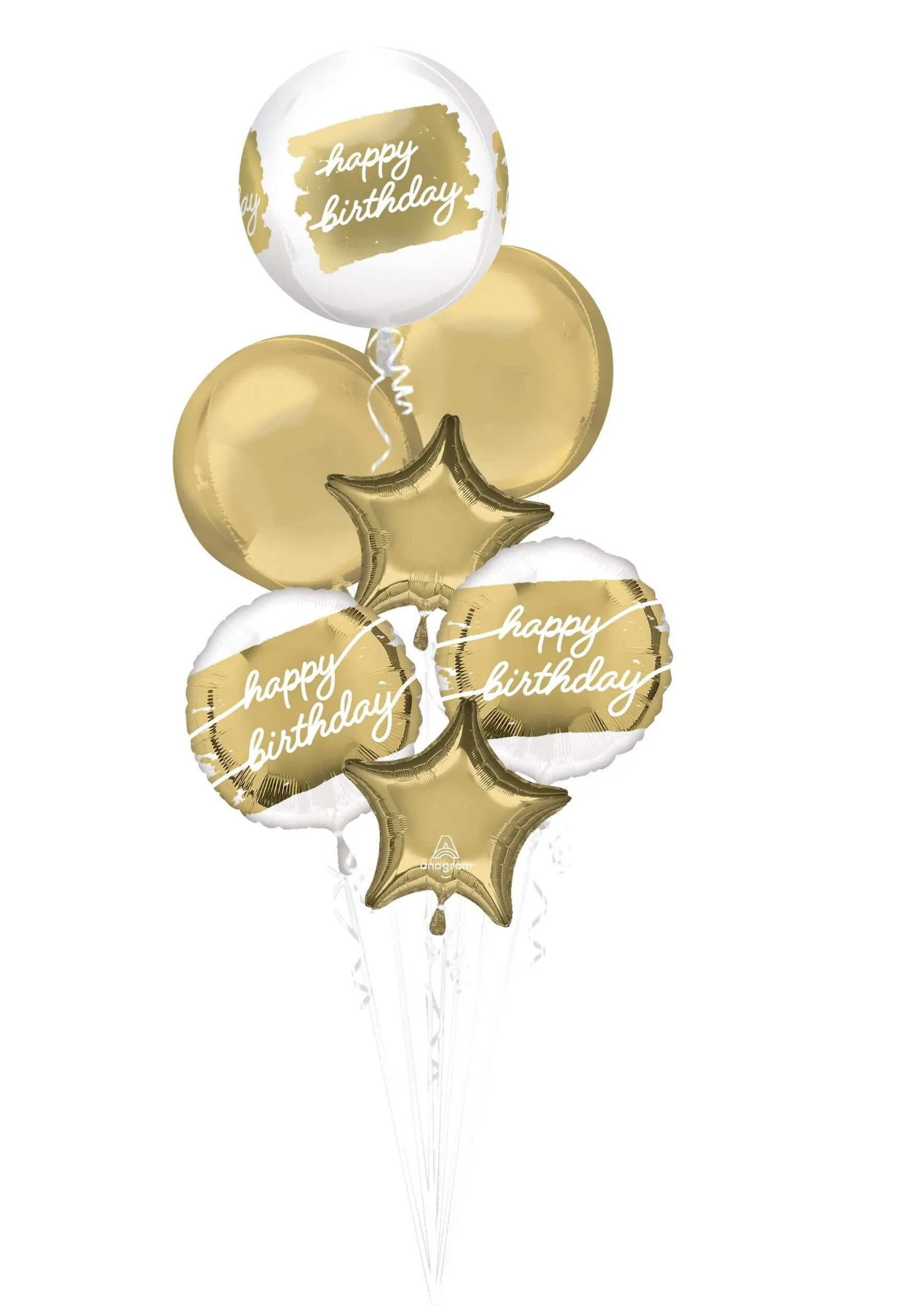 Golden Age "Happy Birthday" Star/Orbz Satin Foil Balloon Bouquet, White/Gold, 7-pk, Helium Inflation & Ribbon Included for Birthday Party