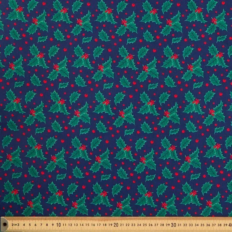 Christmas Holly Leaf 112cm Quilting Fabric Navy 112 cm