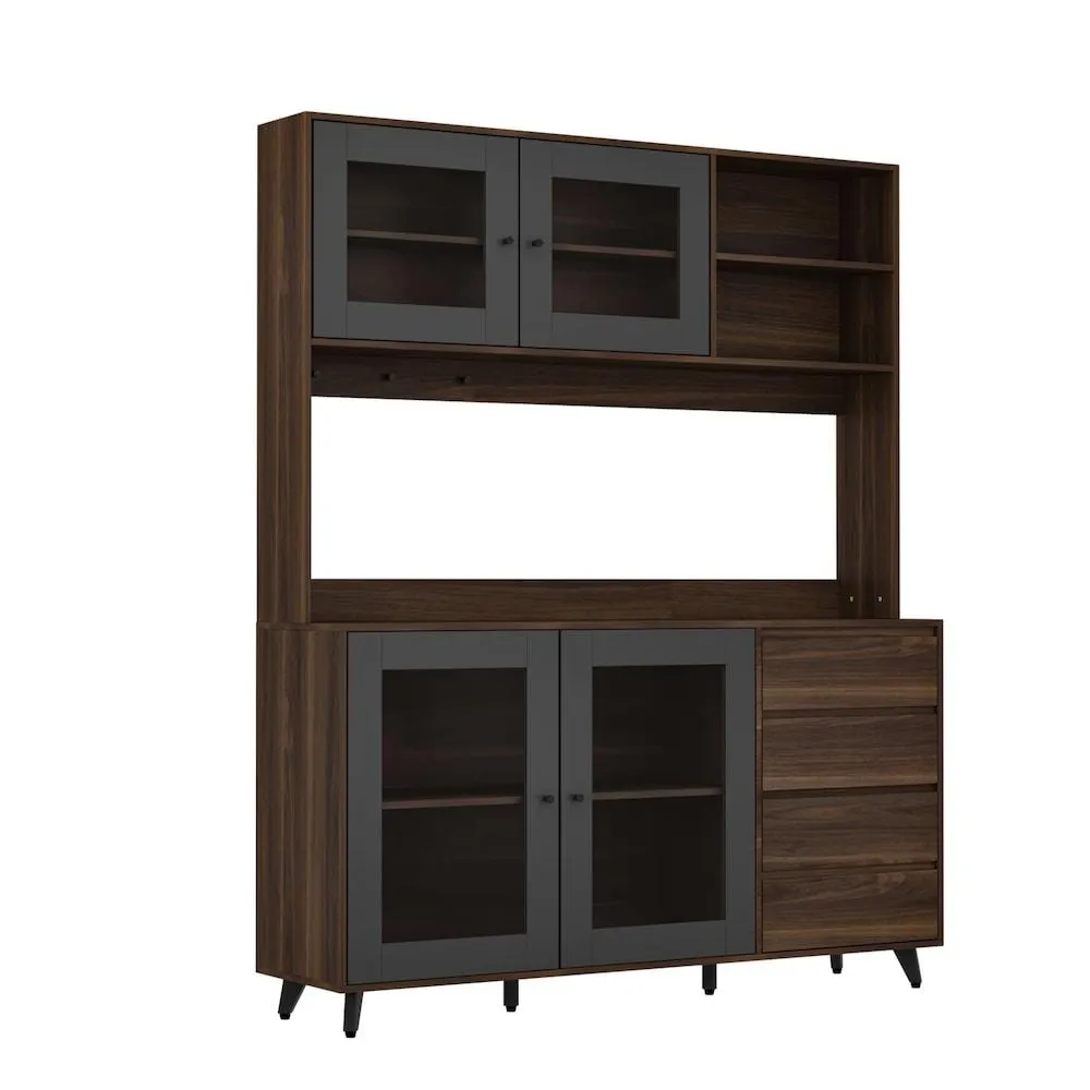Brown Wood Buffet Sideboard Pantry Cabinet with 4-Drawers, Hooks, for Kitchen Dining Room