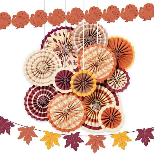 Thanksgiving Room Fan Decorating Kit with Paper Fans & Banners, Assorted Sizes