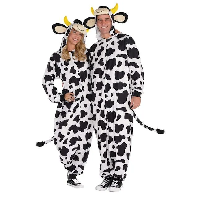 Adult Cow Black/White Jumpsuit with Hood & Tail Halloween Costume, Assorted Sizes