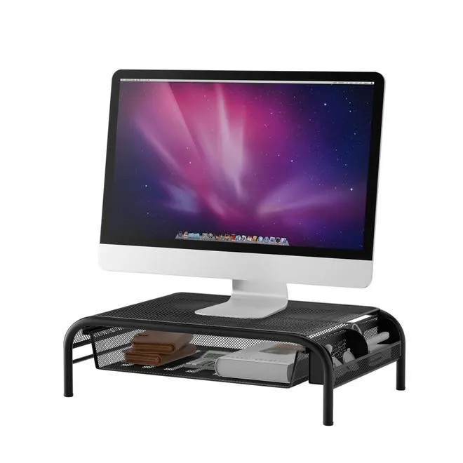 Metal Mesh Monitor Stand & Desk Organizer with Drawer, Black - Moustache®