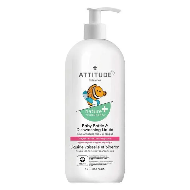 Baby Dish Soap, Plant-based Dish Liquid Gentle on Sensitive Skin, 1L, Fragrance Free - ATTITUDE