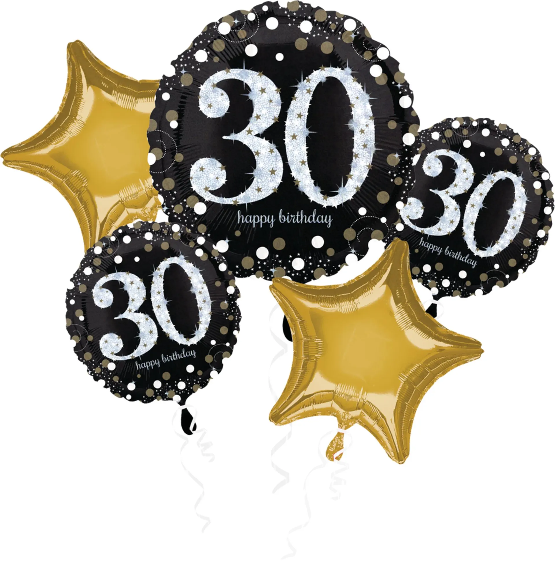 Sparkling Celebration "30th Happy Birthday" Star Satin Foil Balloon Bouquet, Black/Gold, 5-pk, Helium Inflation & Ribbon Included for Birthday Party