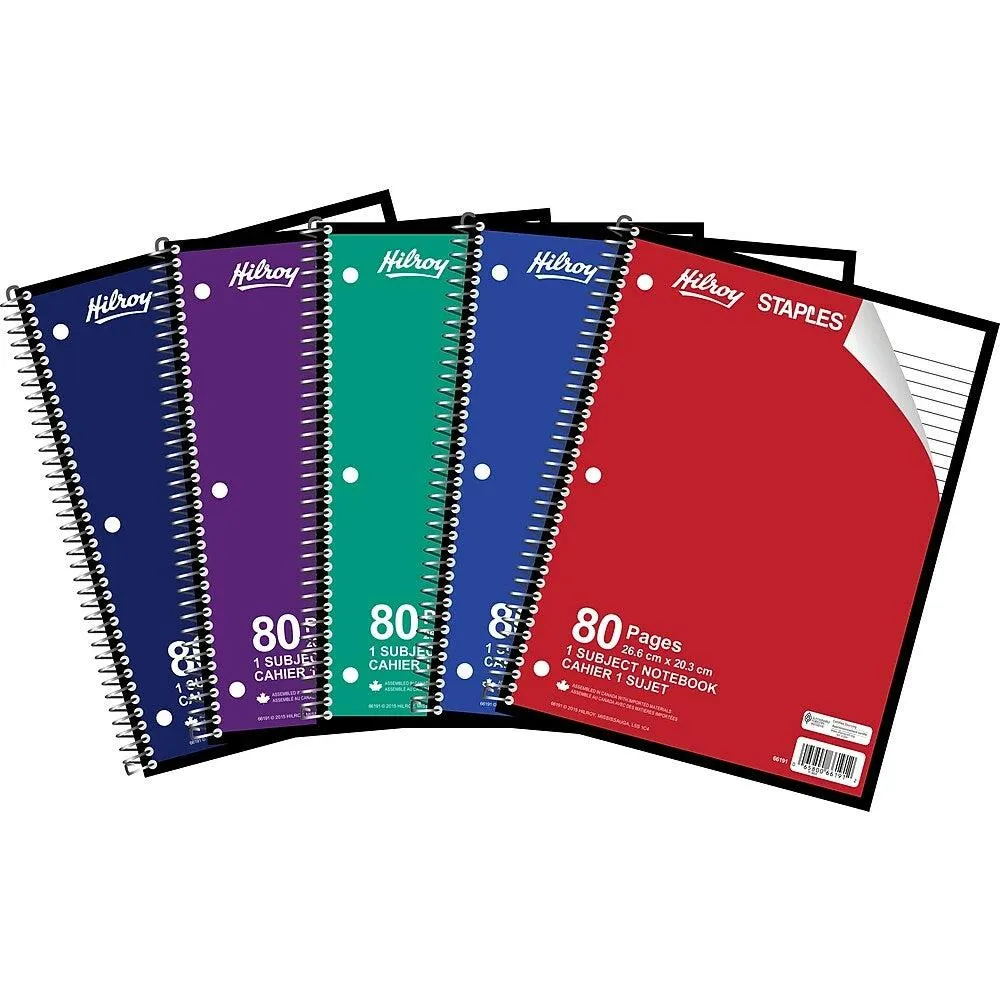 Hilroy 1-Subject Notebook - 10-1/2" x 8" - 80 Pages - Assorted Colours