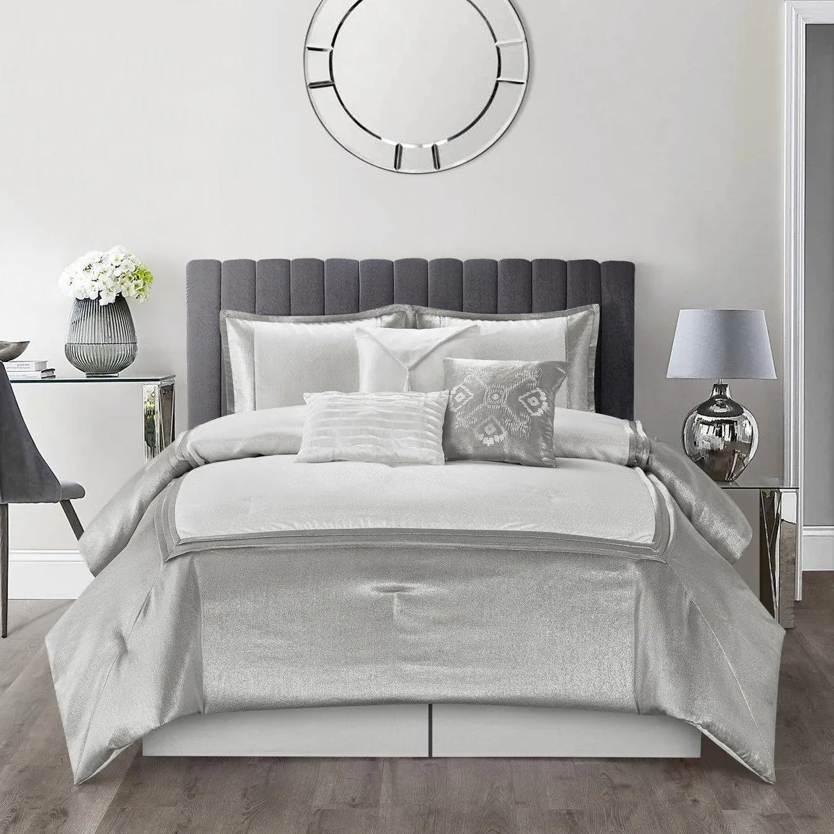 Prestyn White/Grey Microfiber 7 Piece Comforter Set