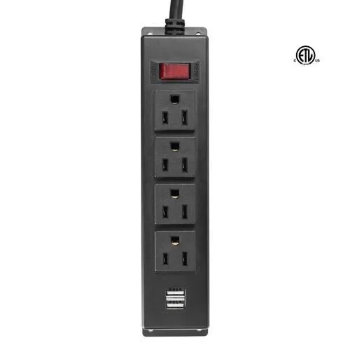 4-Outlet Power Strip with 2 USB Ports Mountable Under Desk Wall Socket, 2m(6.6ft) - PrimeCables®