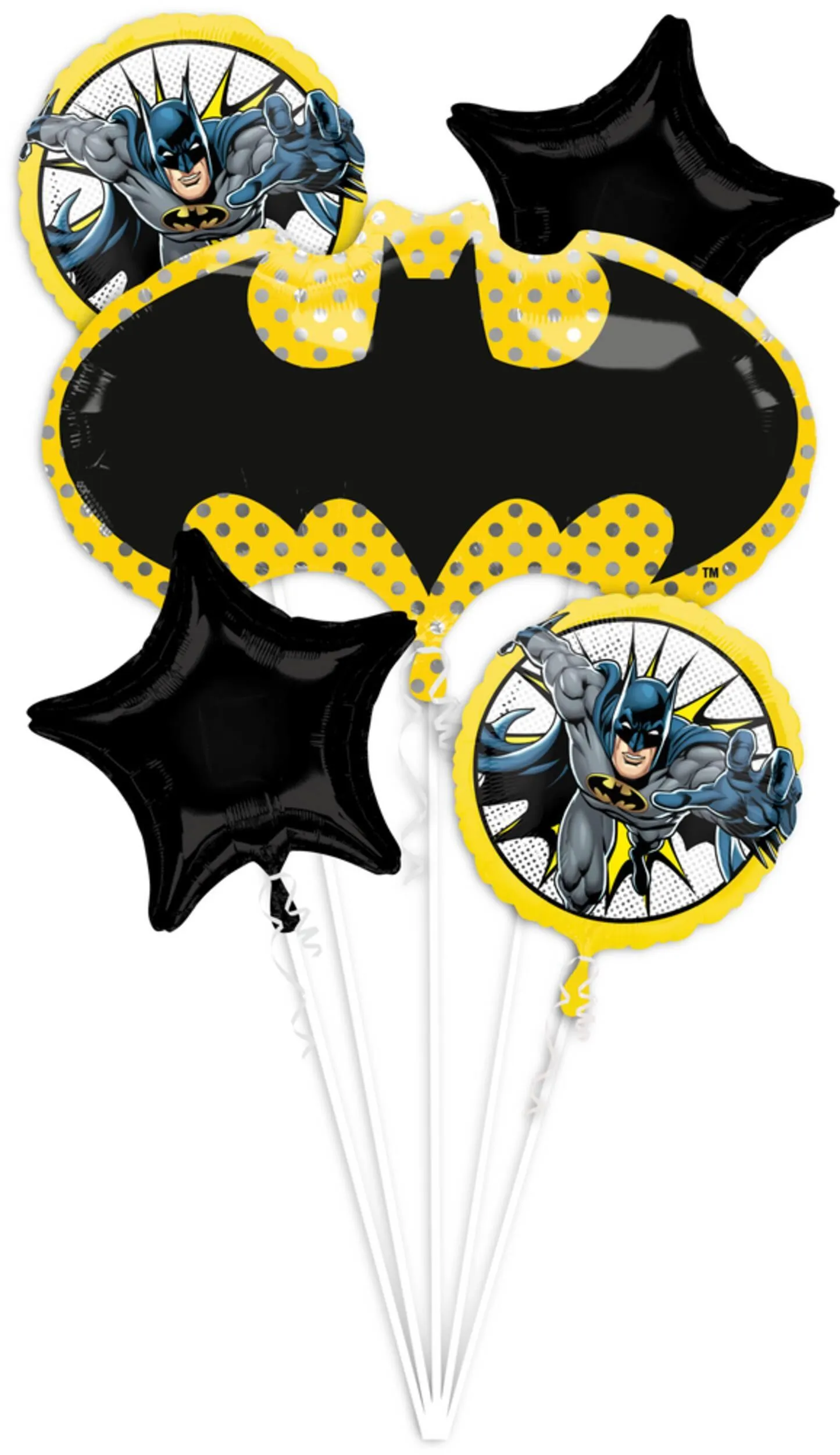DC Batman Logo/Star/Round Satin Foil Balloon Bouquet, Black/Yellow, 5-pk, Helium Inflation & Ribbon Included for Birthday Party