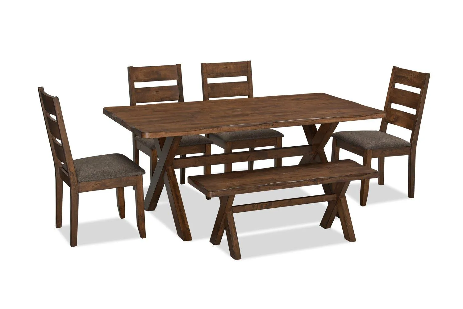 Plum 6pc Dining Set with Table, Bench & 4 Chairs, Wood, Live-Edge Look, 70.75"W- Nutmeg Brown