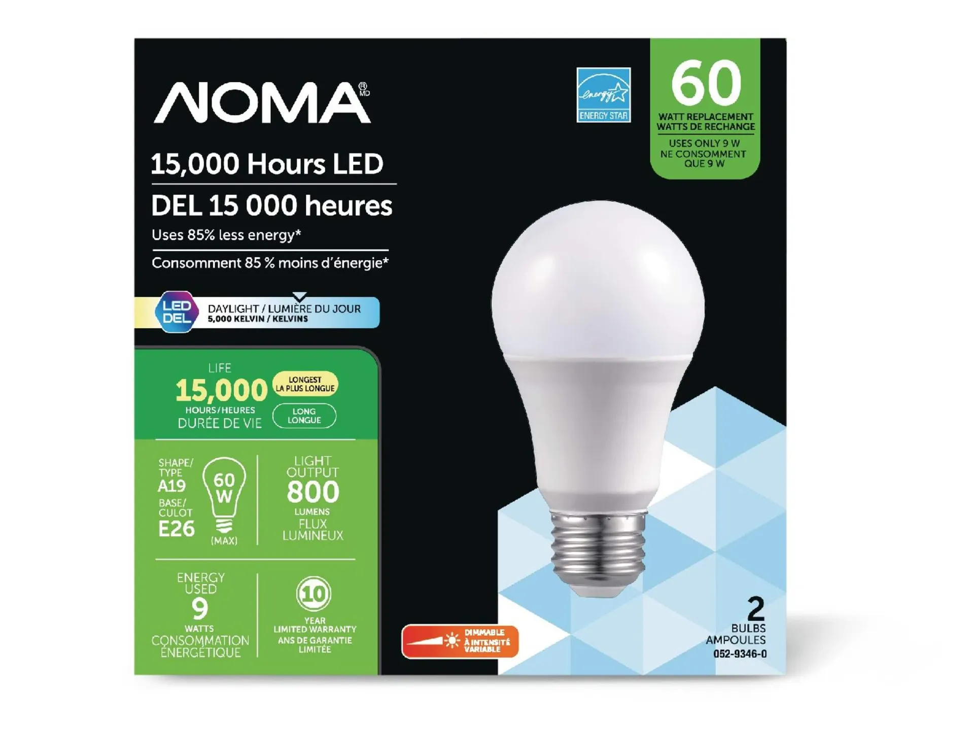 NOMA A19 E26 Base Dimmable LED Light Bulbs, 5000K, 800 Lumens, Daylight, 60W, 2-pk