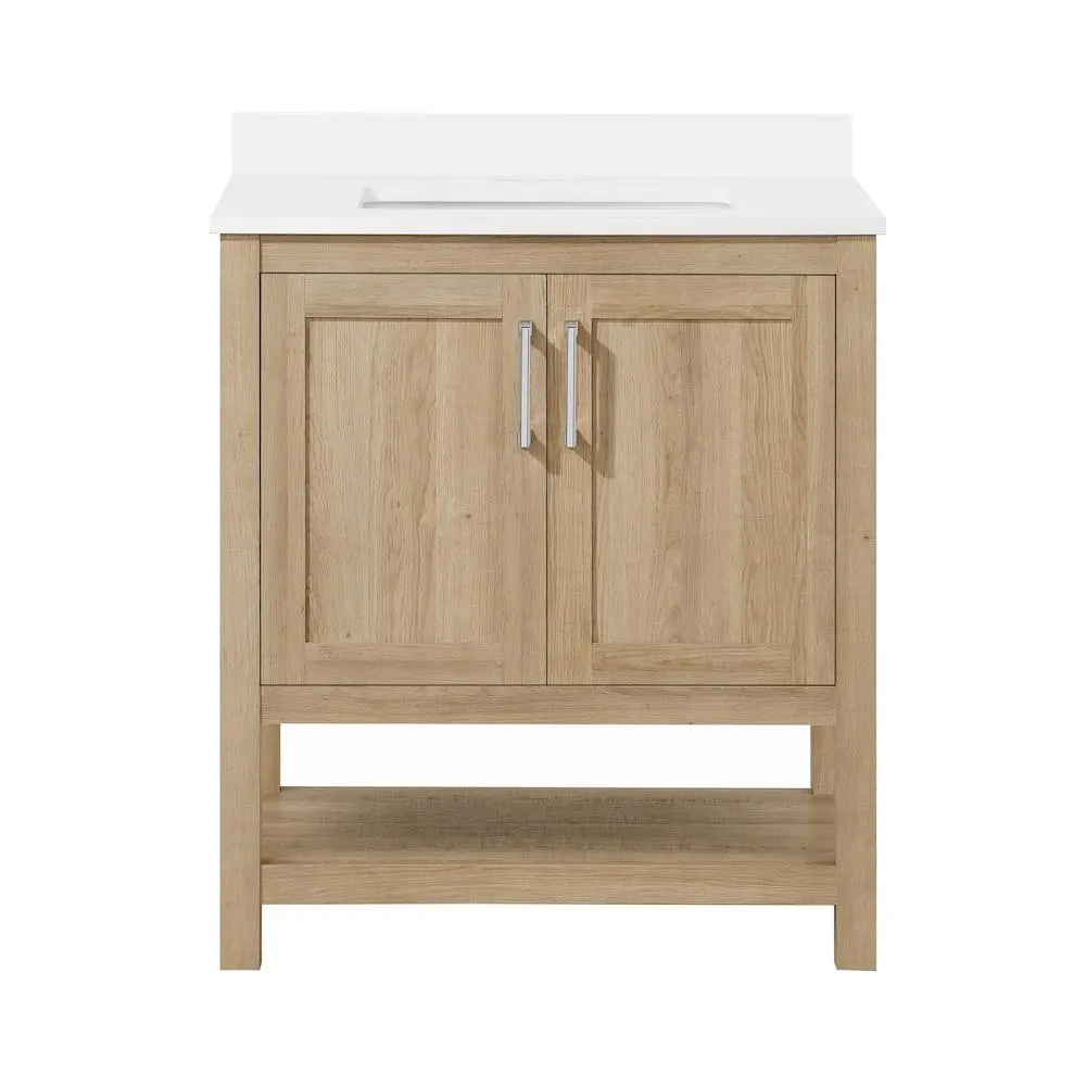 Vegas 30 inch W Single Sink Bath Vanity in White Oak with White Top