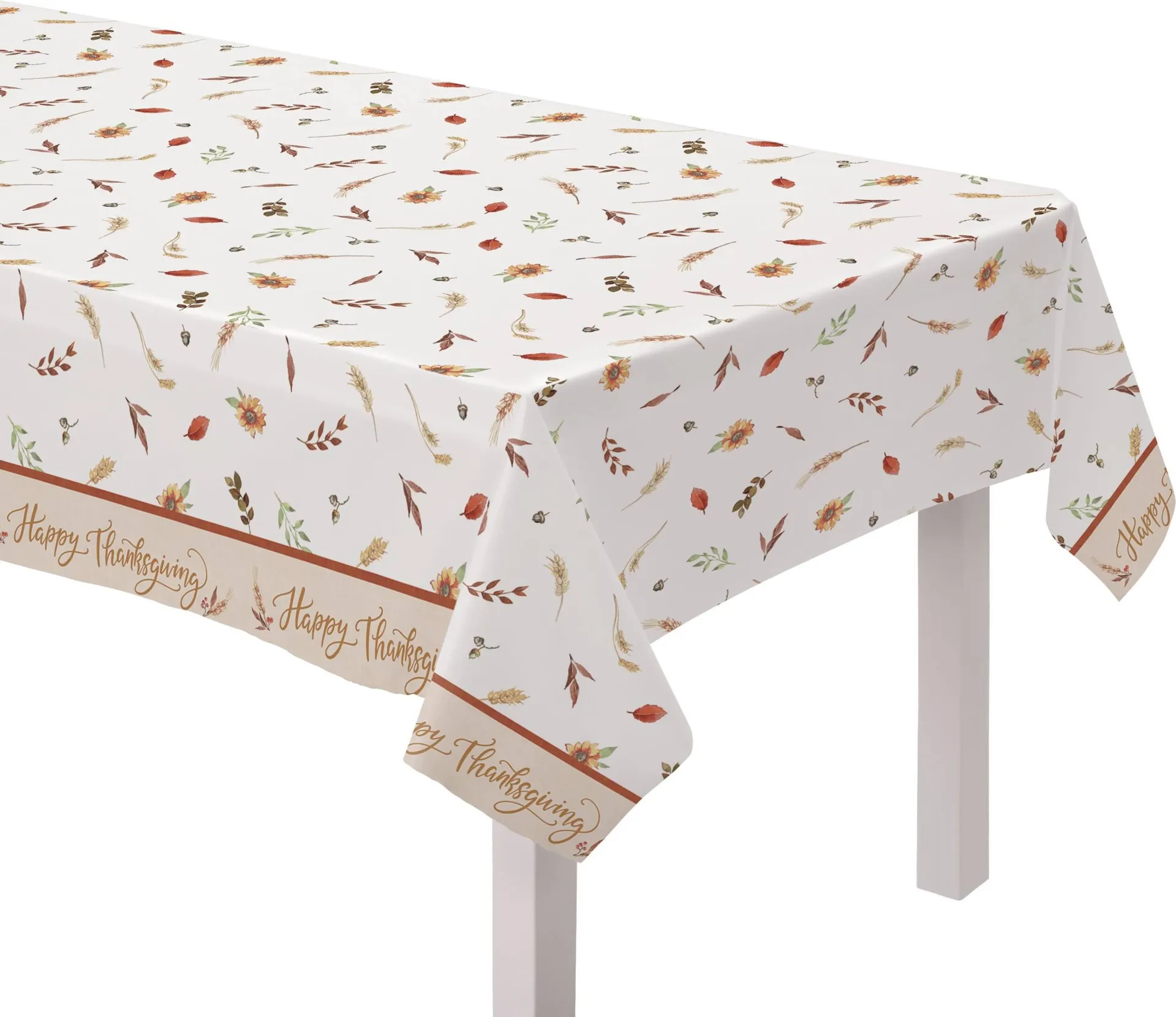 Rectangle Plastic Reusable Table Cover, White/Orange, Fall Leaves, 52-in x 90-in, for Thanksgiving