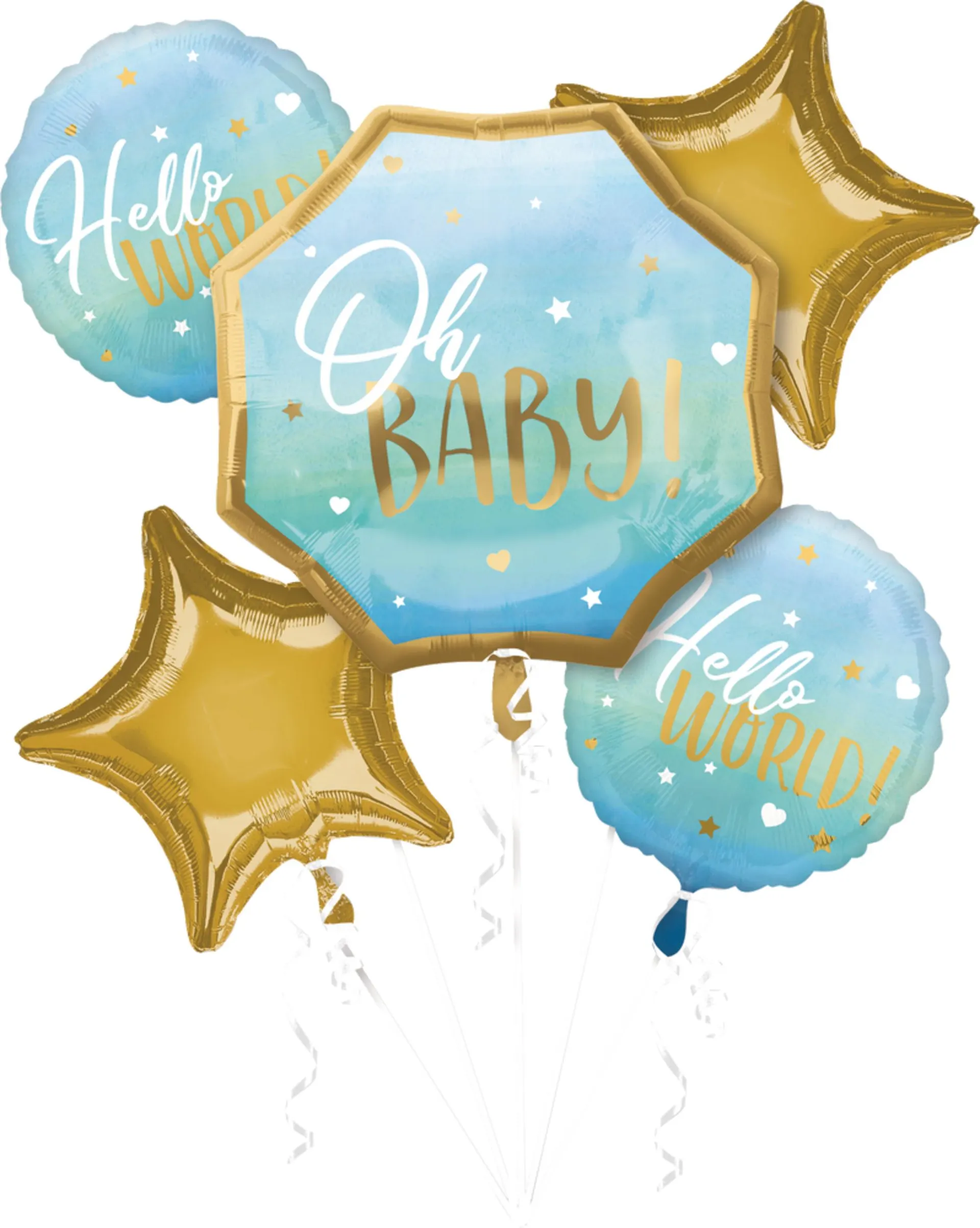"Oh Baby" Star/Round Satin Foil Balloon Bouquet, Blue/Gold, 5-pk, Helium Inflation & Ribbon Included for Baby Shower
