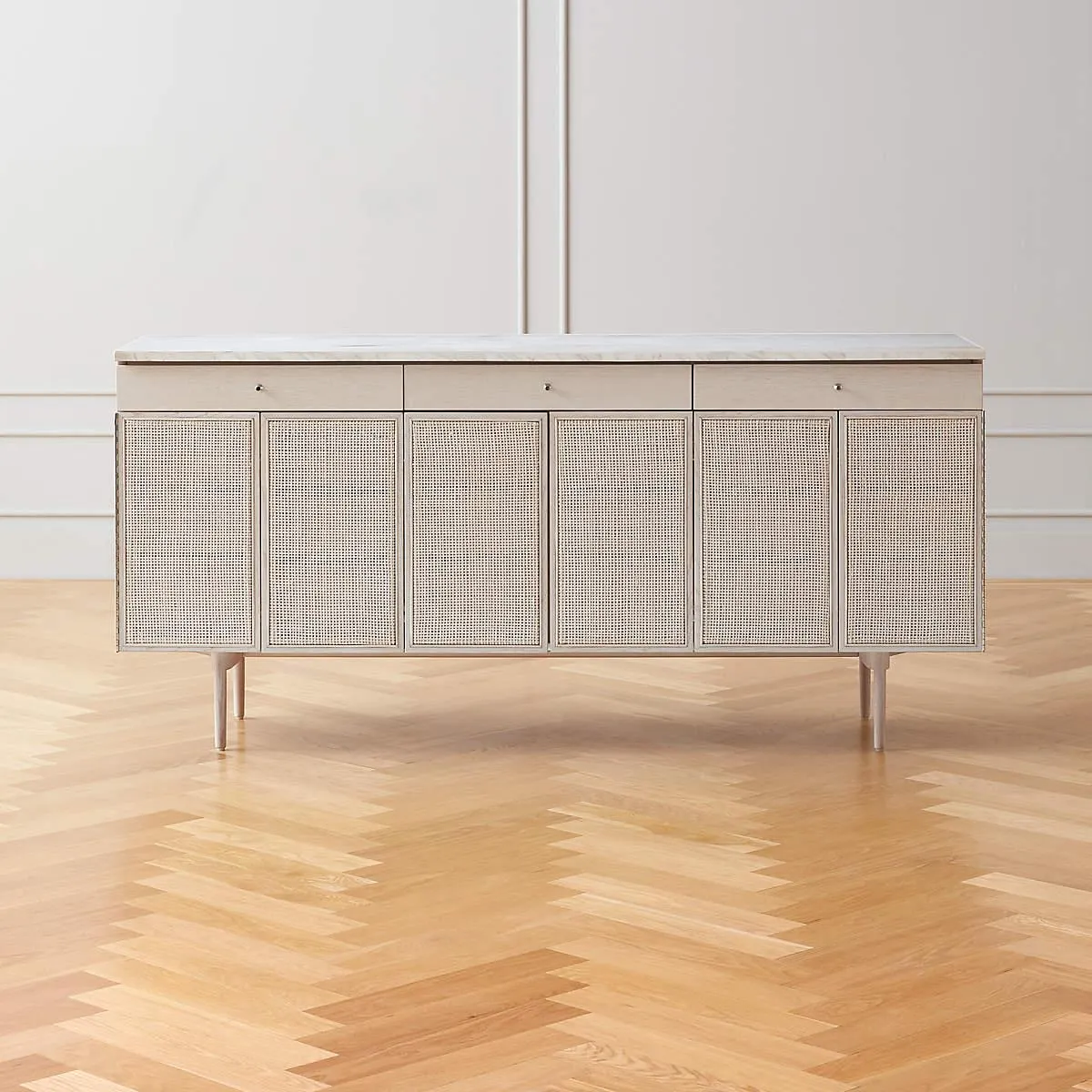 New England Whitewashed Oak Wood Console Table Cabinet Model 7706 by Paul McCobb