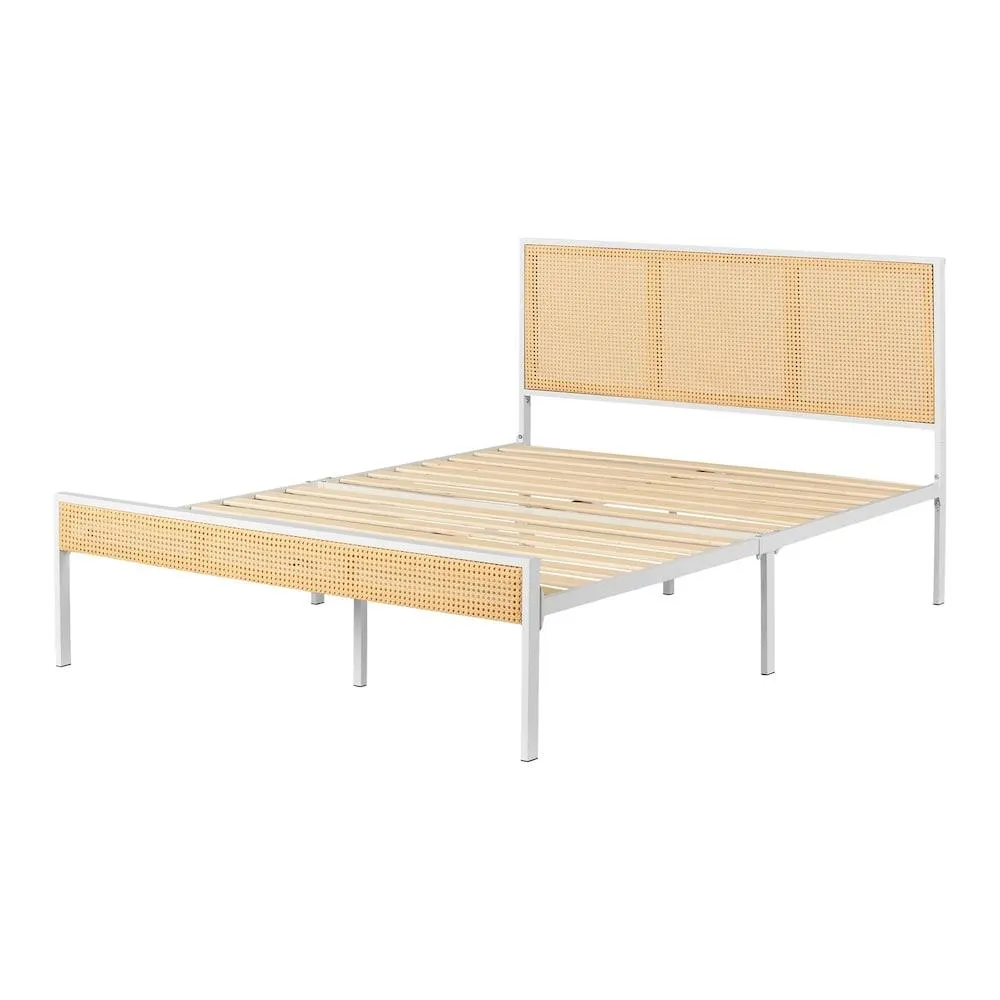 Hoya Queen Metal Platform Bed with Natural Cane in White and Natural, 60 in. x 83.25 in. x 40 in.