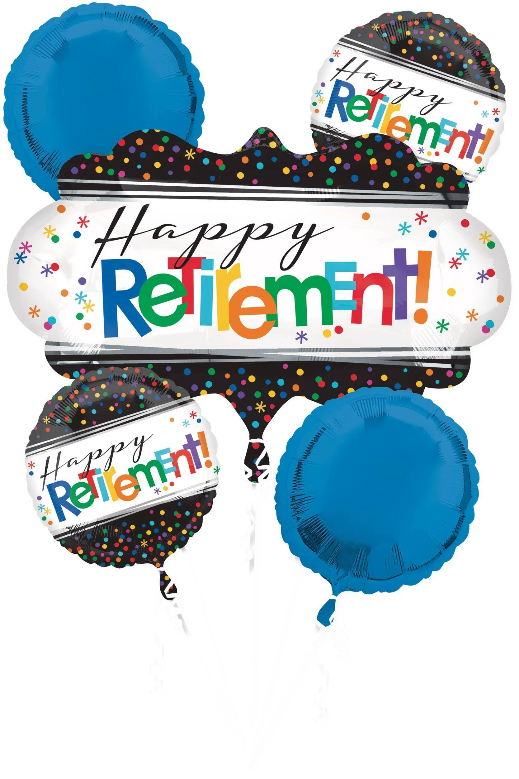 "Happy Retirement" Round Satin Foil Balloon Bouquet, White/Black/Blue, Polka Dot, 5-pk, Helium Inflation & Ribbon Included for Retirement