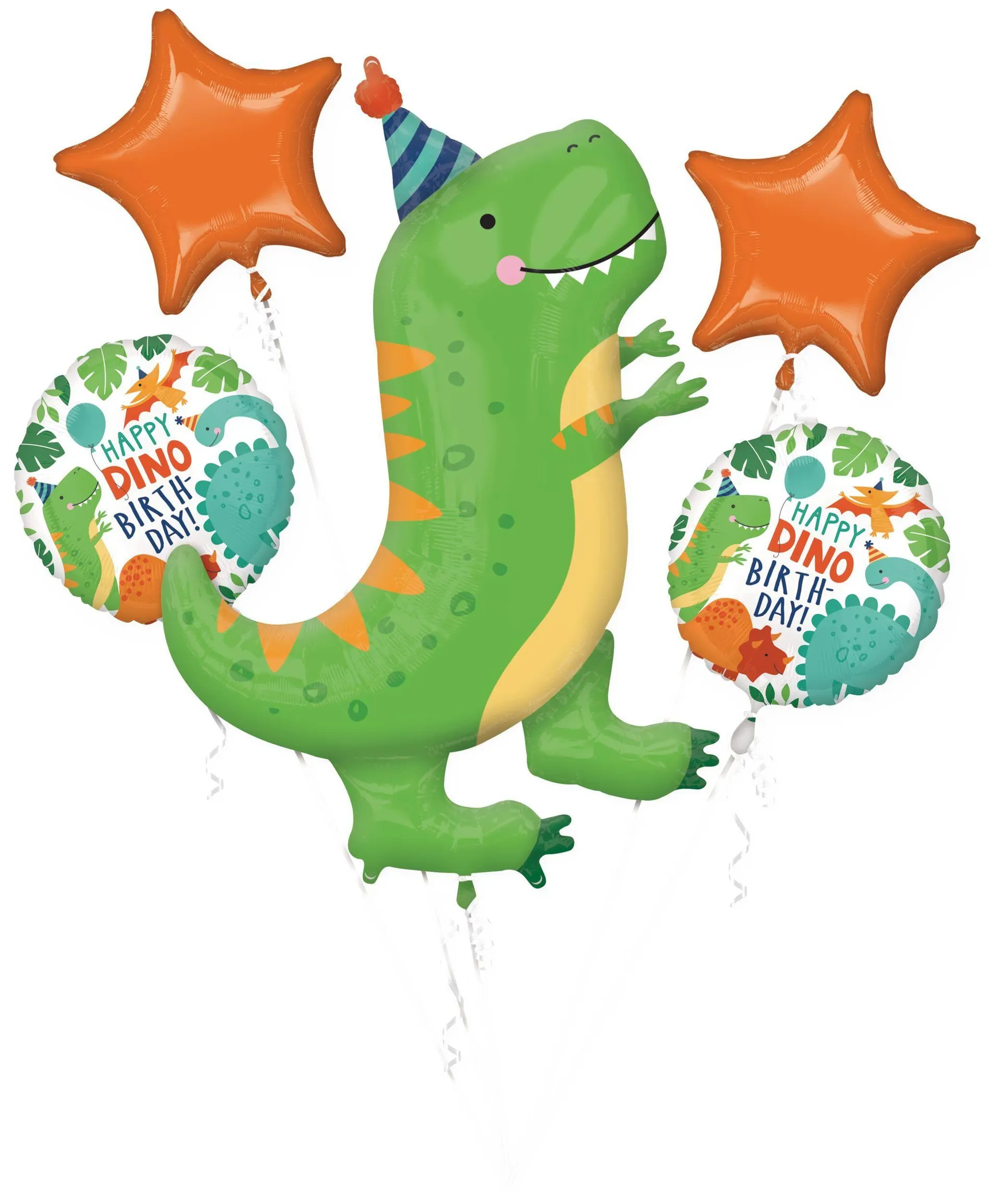 Dino-Mite "Happy Dino Birthday" Dinosaur/Star Satin Foil Balloon Bouquet, Green/Orange, 5-pk, Helium Inflation & Ribbon Included for Birthday Party