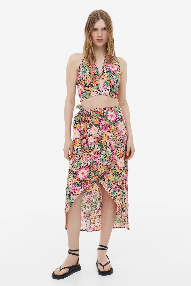 Patterned Lyocell-blend Wrapover Skirt
