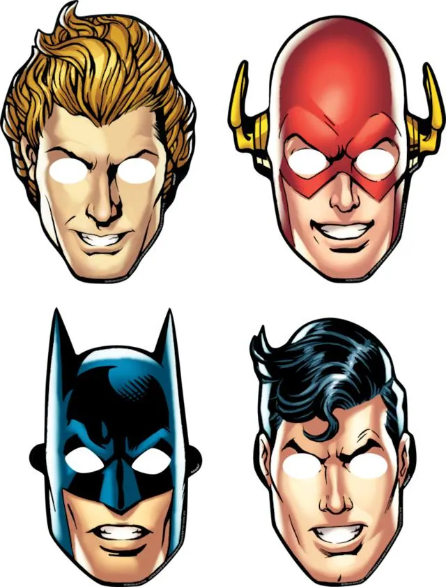 DC Justice League Batman/Superman/Flash/Aquaman Paper Masks, Multi-Coloured, One Size, 8-pk, Wearable Costume Accessories for Birthdays/Halloween