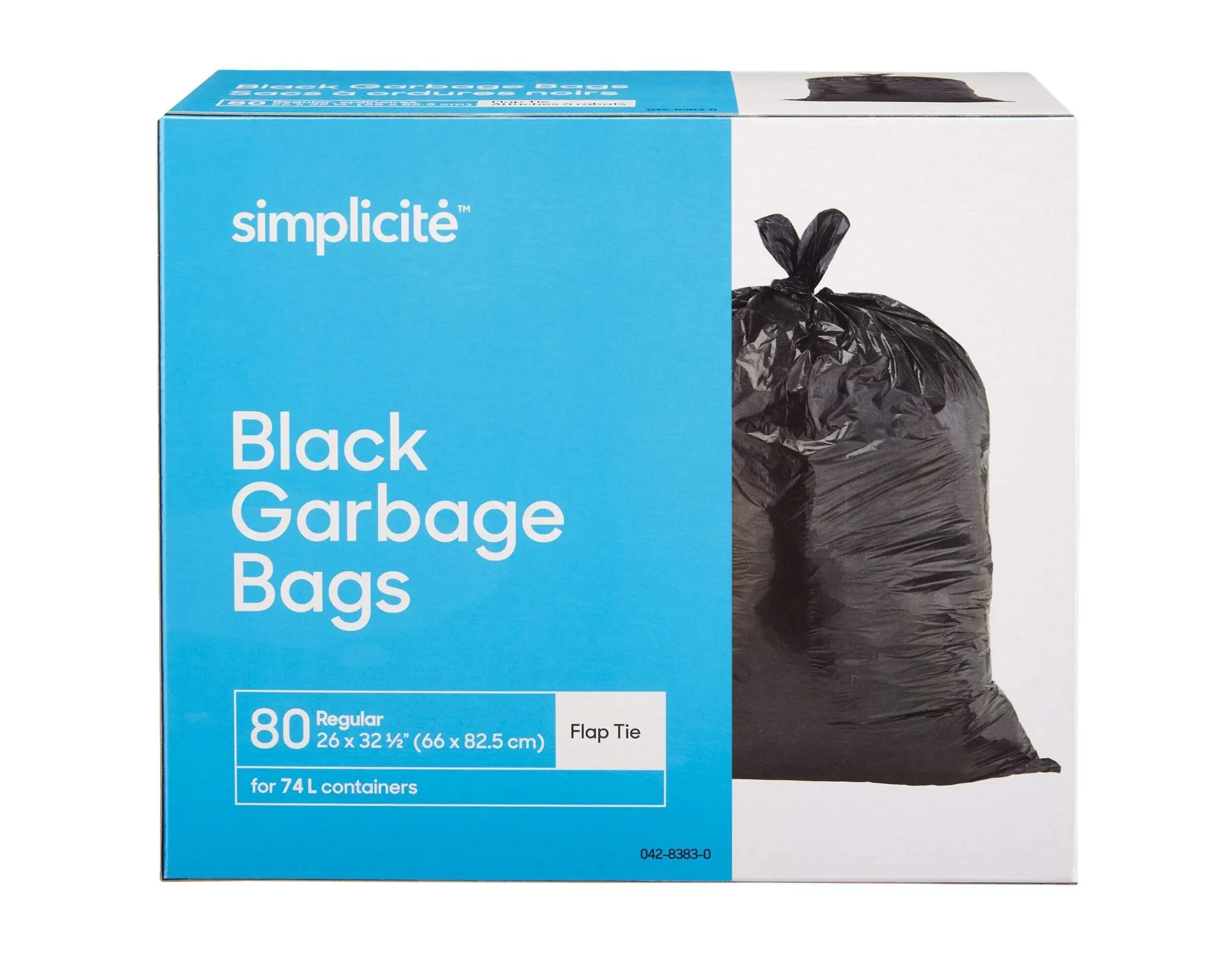 simplicité Regular 4-Flap Ties Outdoor Garbage Bags, 80-pk, Black, 74-L