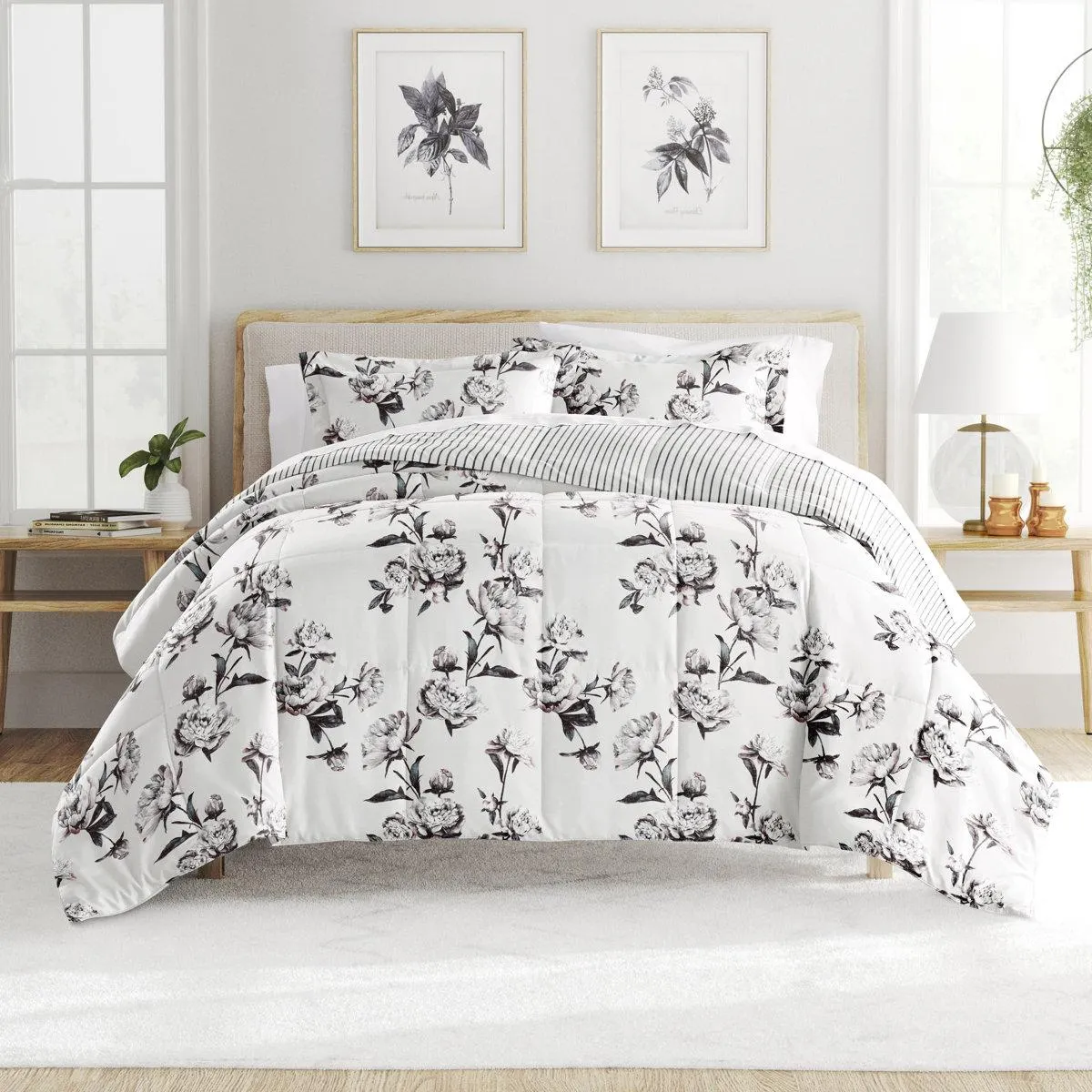 Grey All Season Down-Alternative Reversible Comforter Set in Vintage Magnolia Stripe
