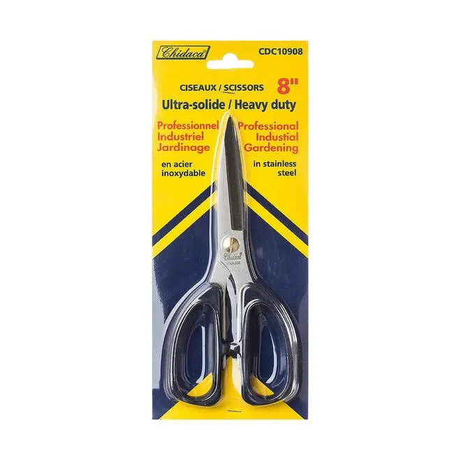 Scissors for all uses, in stainless steel, vinyl grips for comfort, on card, heavy duty, 8"