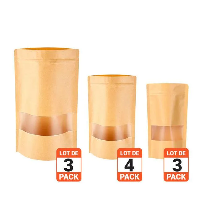 Reusable Zip Lock Stand Up Kraft Paper Bag with Matte Transparent Window, 10pcs - LIVINGbasics™ - S/M/L