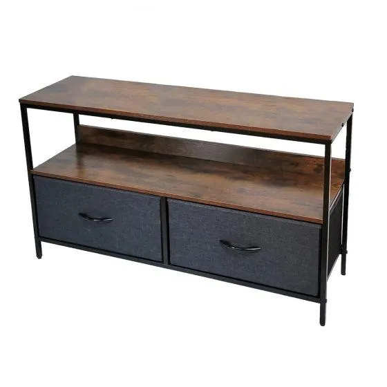 Commode brune à 2 tiroirs en tissu gris
