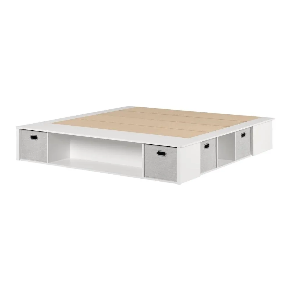Flexible King Storage Platform Bed with Baskets in Pure White, 78 in. x 80.5 in. x 13.5 in.
