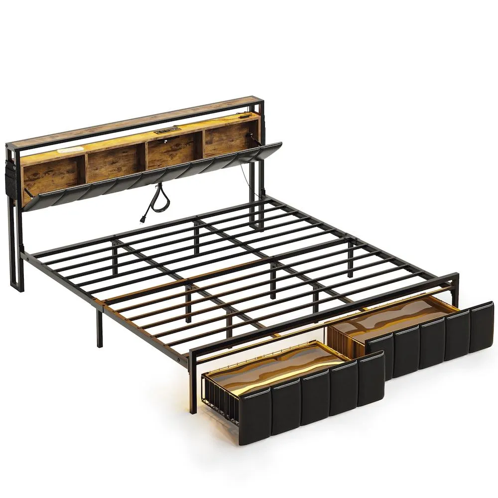 Rustic Metal Frame King Size Platform Bed with Charge Station and Storage Headboard and Drawers