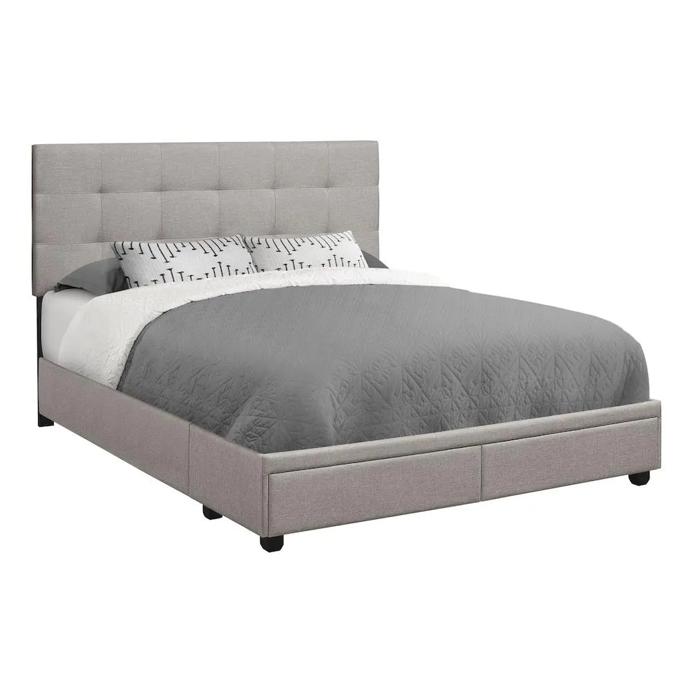 Bed, Queen Size, Platform, Bedroom, Frame, Upholstered, Linen Look, Wood Legs, Grey, Transitional
