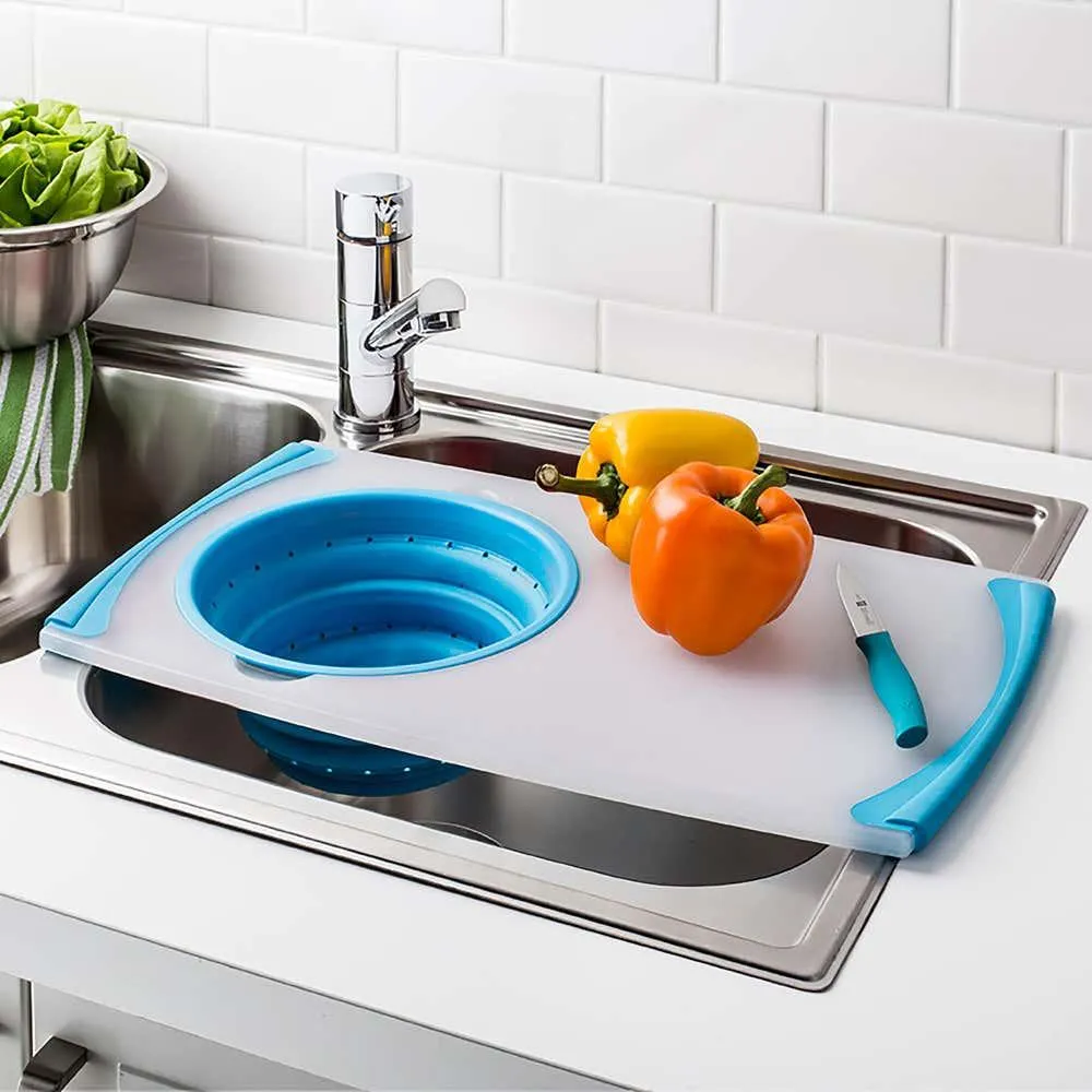 KSP Chop 'N Wash Poly Cutting Board with Colander (Light Blue)