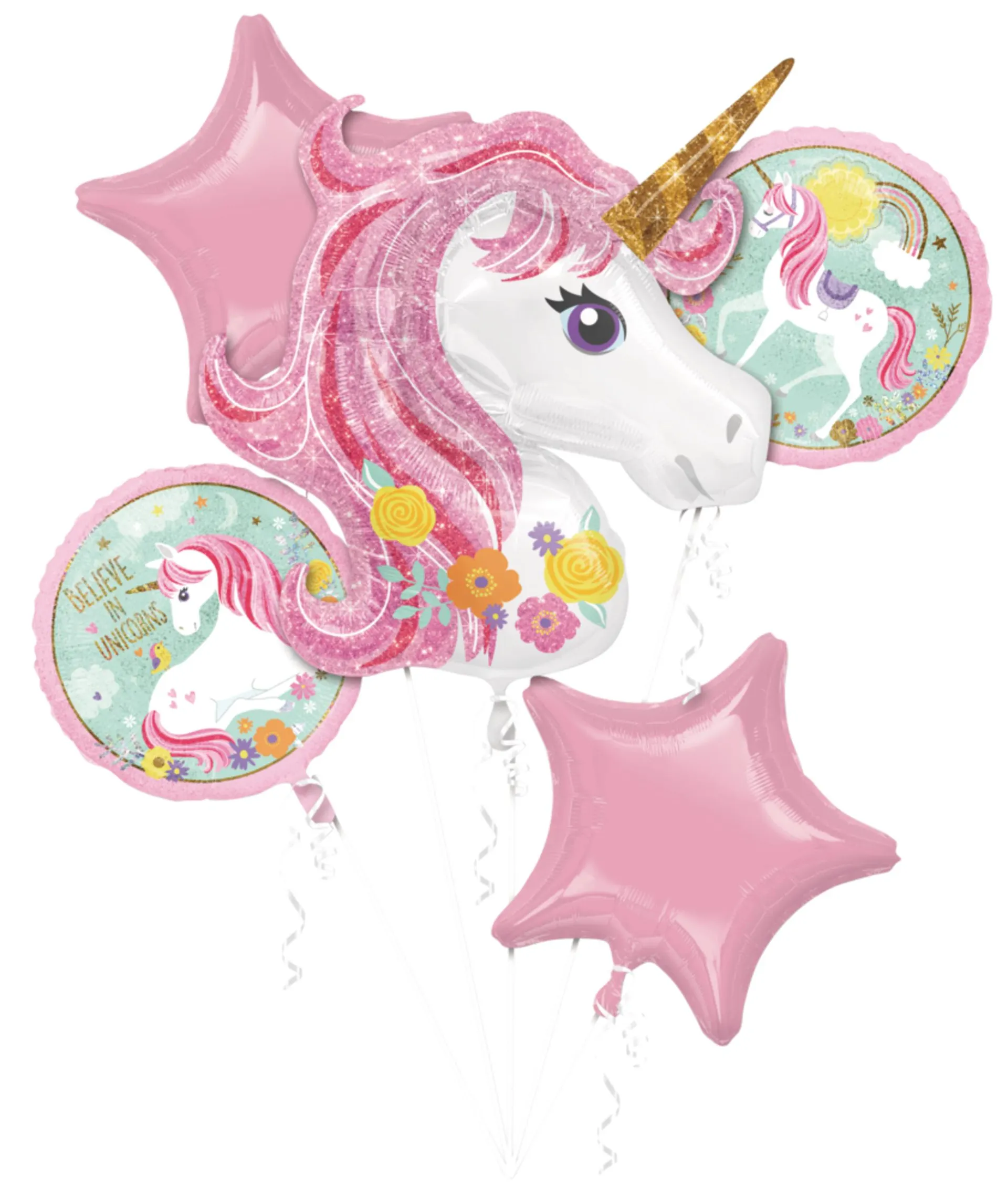 Unicorn "Believe in Unicorns" Star/Round Satin Foil Balloon Bouquet, Pink/White, 5-pk, Helium Inflation & Ribbon Included for Birthday Party