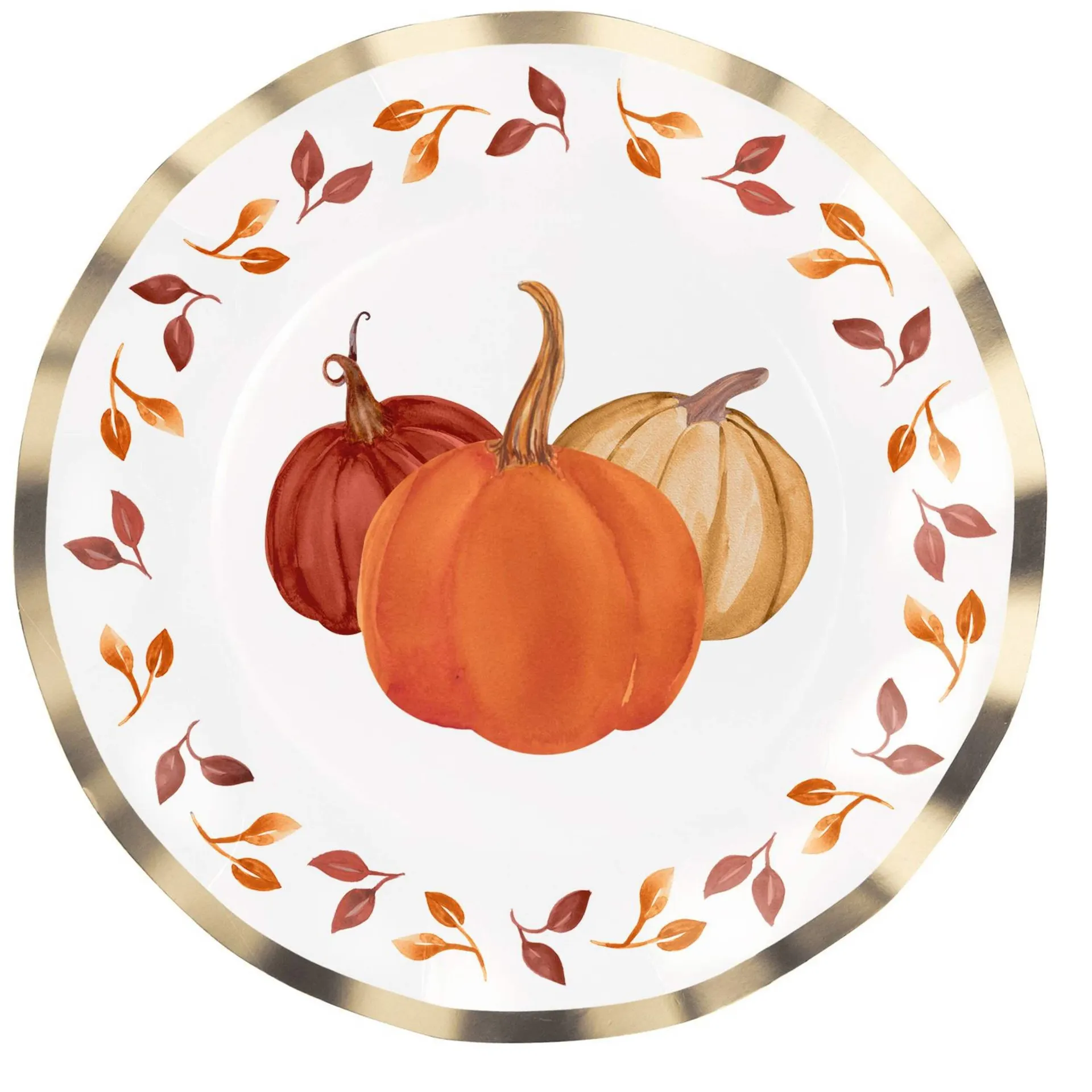 Sophistiplate Pumpkin & Leaves, Round Paper Disposable Dinner Plates with Foil Accents, White/Gold/Orange, 10.5-in, 8-pk, for Fall