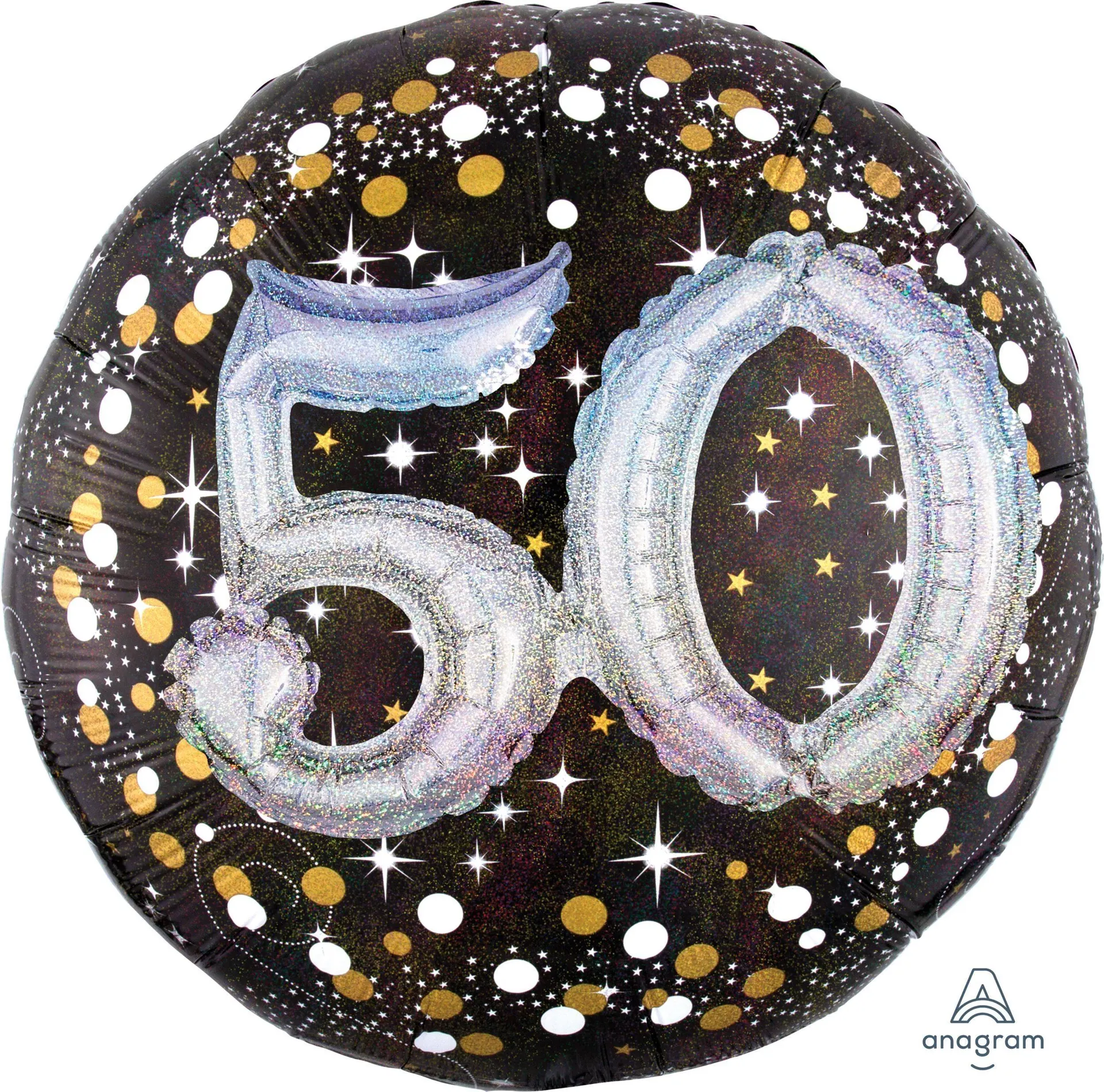 Sparkling Celebration "50" 3D Round Satin Foil Balloon, Black/Gold, Polka Dot, 32-in, Helium Inflation & Ribbon Included for Birthday Party