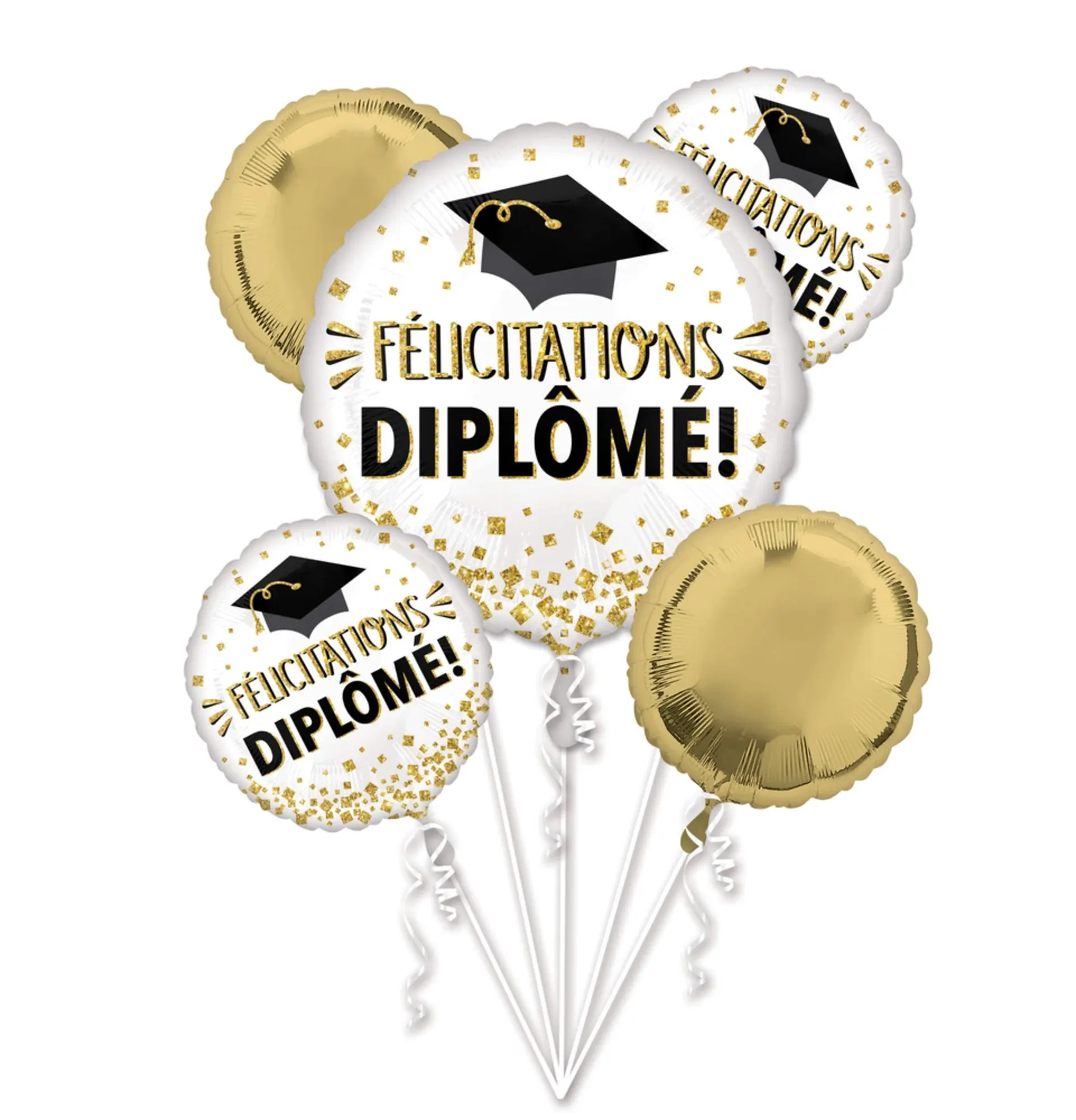 "Félicitations Diplômé" French Round Satin Foil Balloon Bouquet, White/Gold, 5-pk, Helium Inflation & Ribbon Included for Graduation