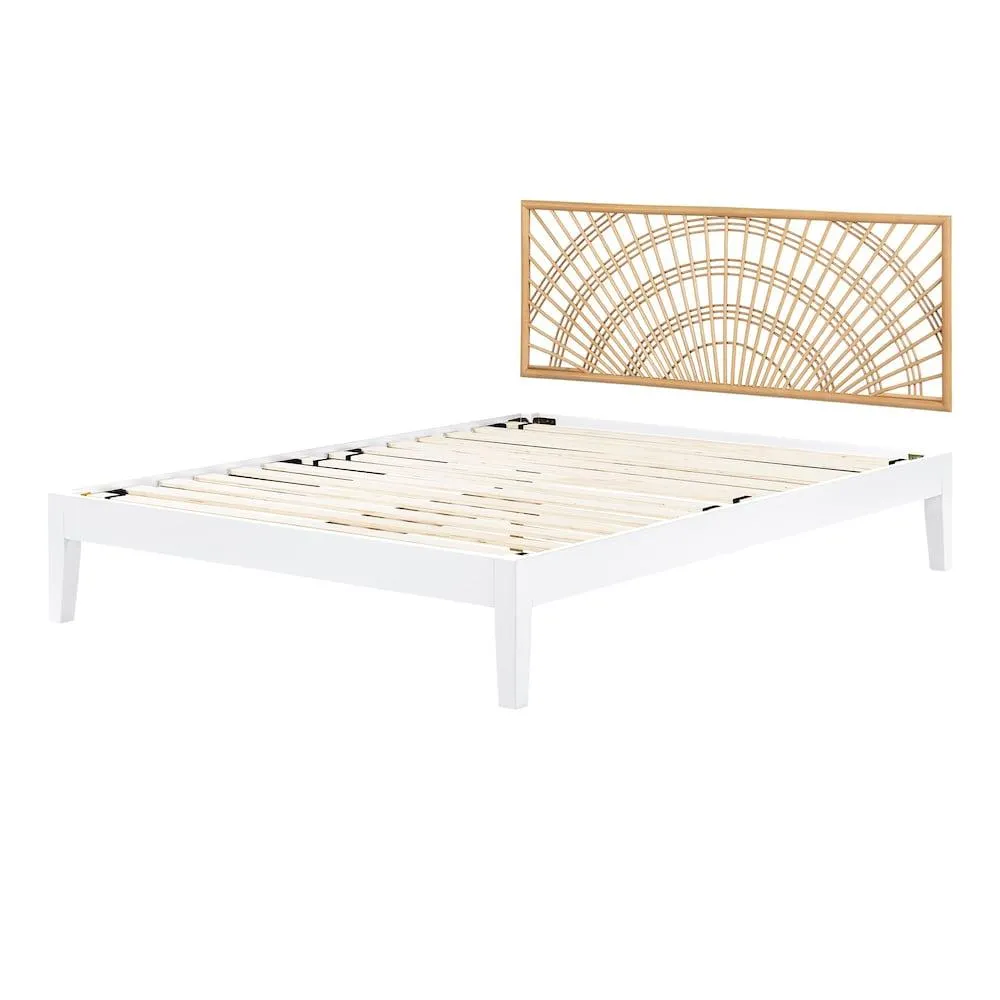Balka 63 in. x 82.5 in. x 38 in. Wooden Bed and Rattan Wall-Mounted Headboard Set White and Natural