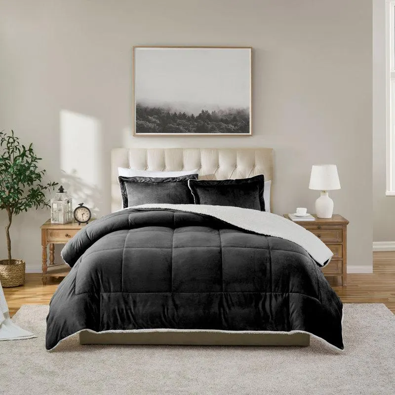 Queen Comforter + 2 Shams Ultra Plush Reversible Micro-Mink and Sherpa 3-Piece Comforter Set