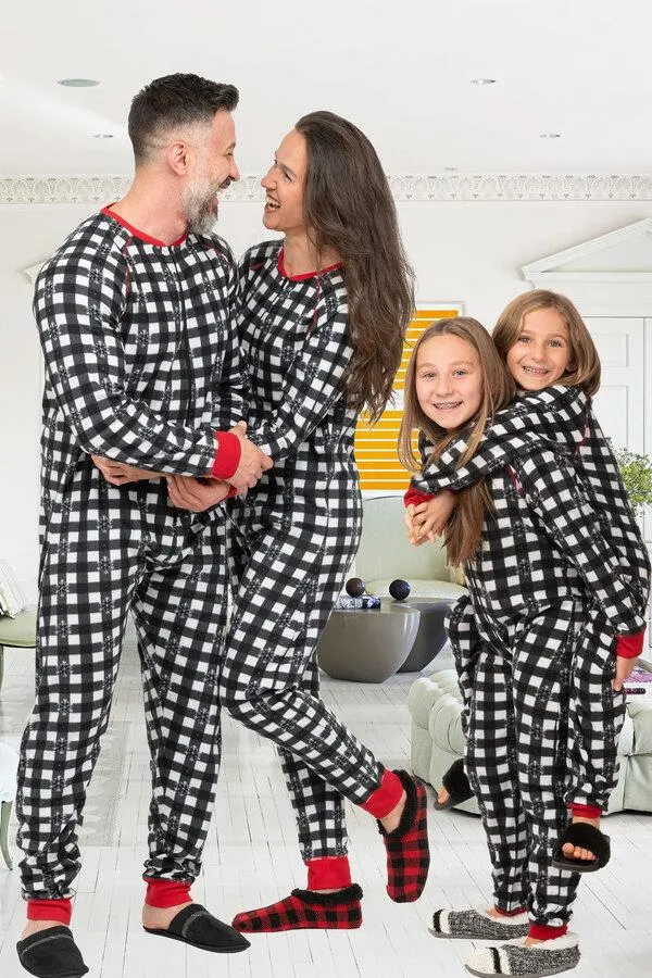 Men's one-piece fleece pyjama onesie - White buffalo plaid