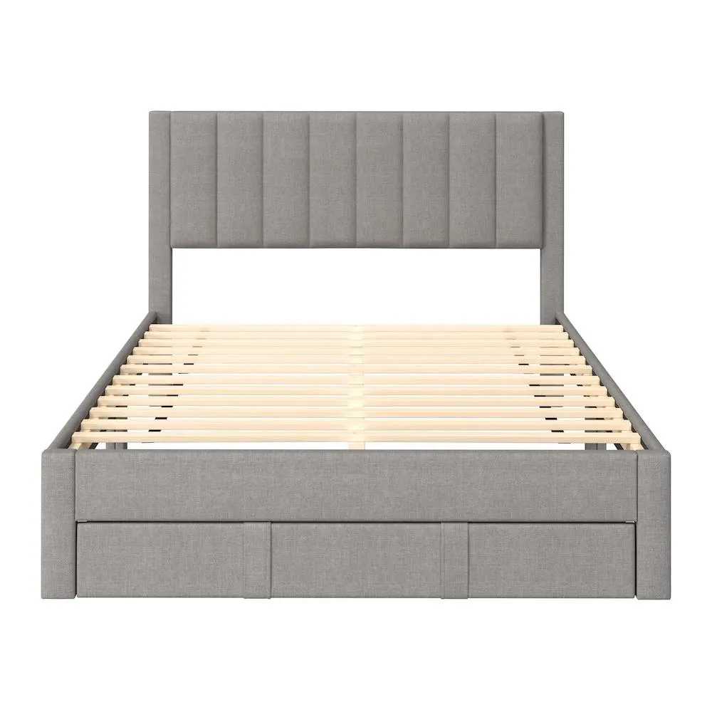 Channel Tufted Light Grey Double Platform Bed with Storage