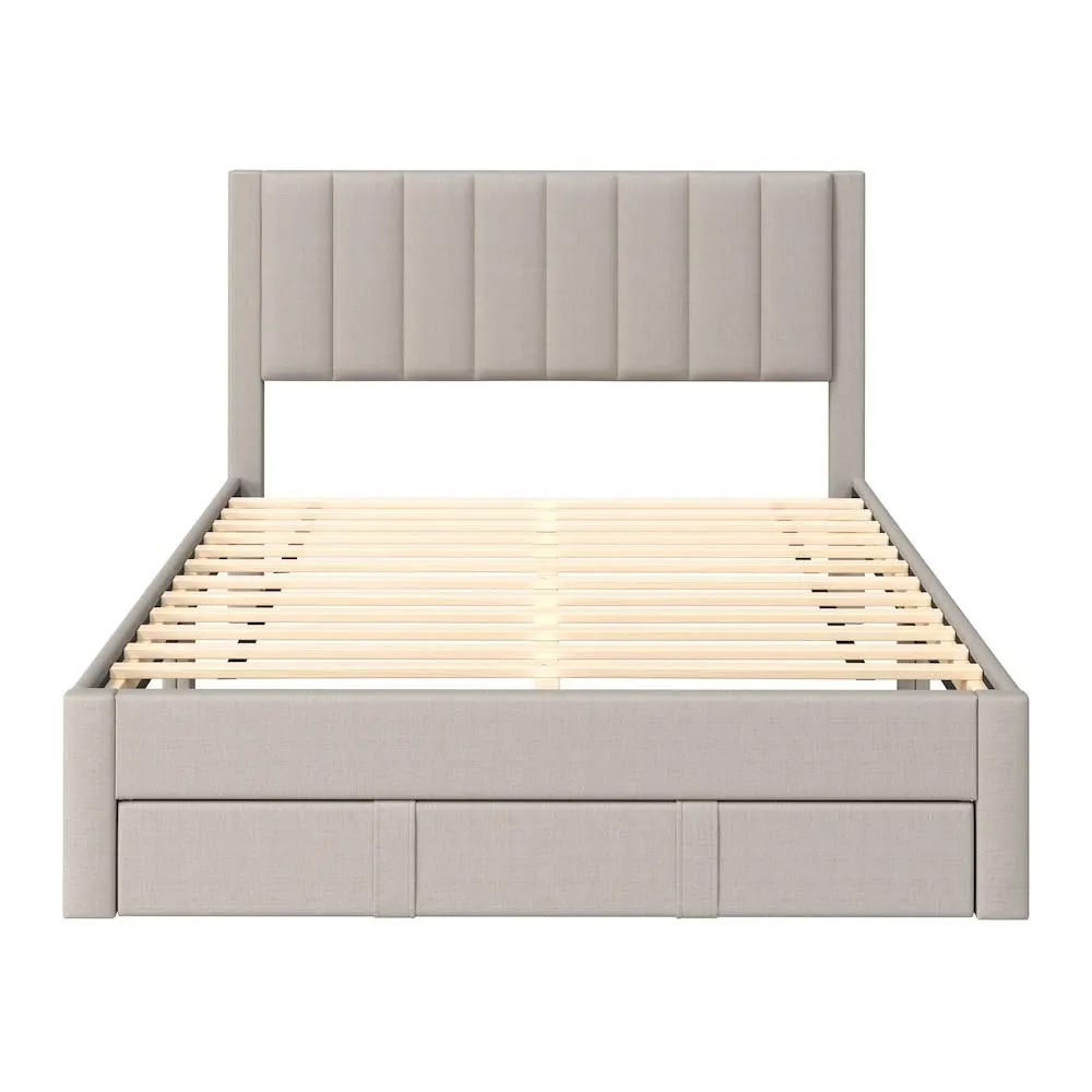 Channel Tufted Beige King Platform Bed with Storage