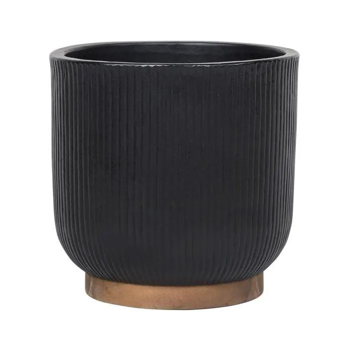 220 x 250mm Large Black Round Linear Ceramic Pot